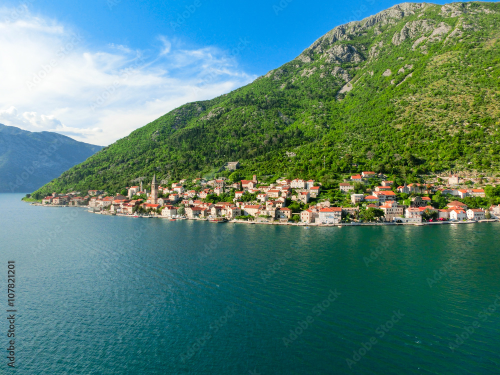 Village Perast on coast of Boka Kotor bay  in Montenegro 
