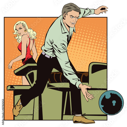 People in retro style pop art and vintage advertising. Man throws ball in bowling