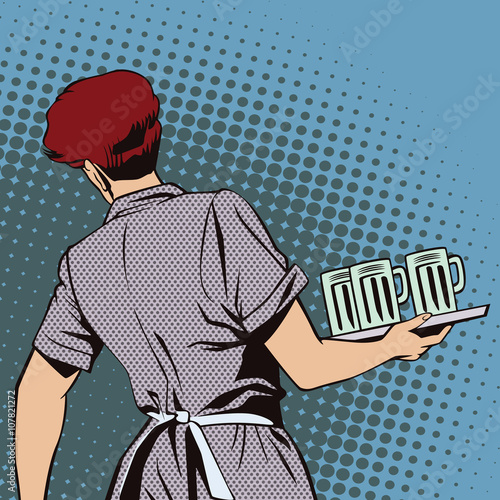 People in retro style pop art and vintage advertising. The waitress with beer.