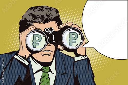 People in retro style pop art and vintage advertising. Man with binoculars monitors the rate of the Russian ruble.
