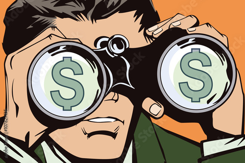 People in retro style pop art and vintage advertising. Man with binoculars monitors the rate of the dollar.