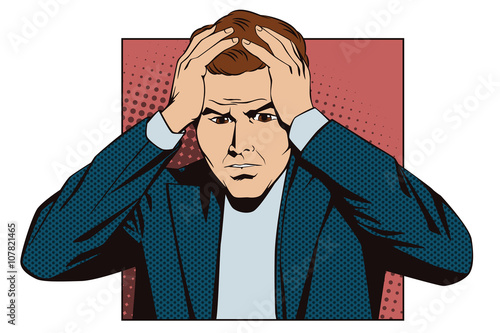 People in retro style pop art and vintage advertising. Upset man clutching his head. 