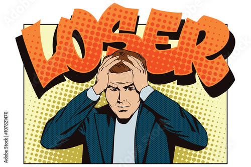 People in retro style pop art and vintage advertising. Upset man clutching his head. Loser