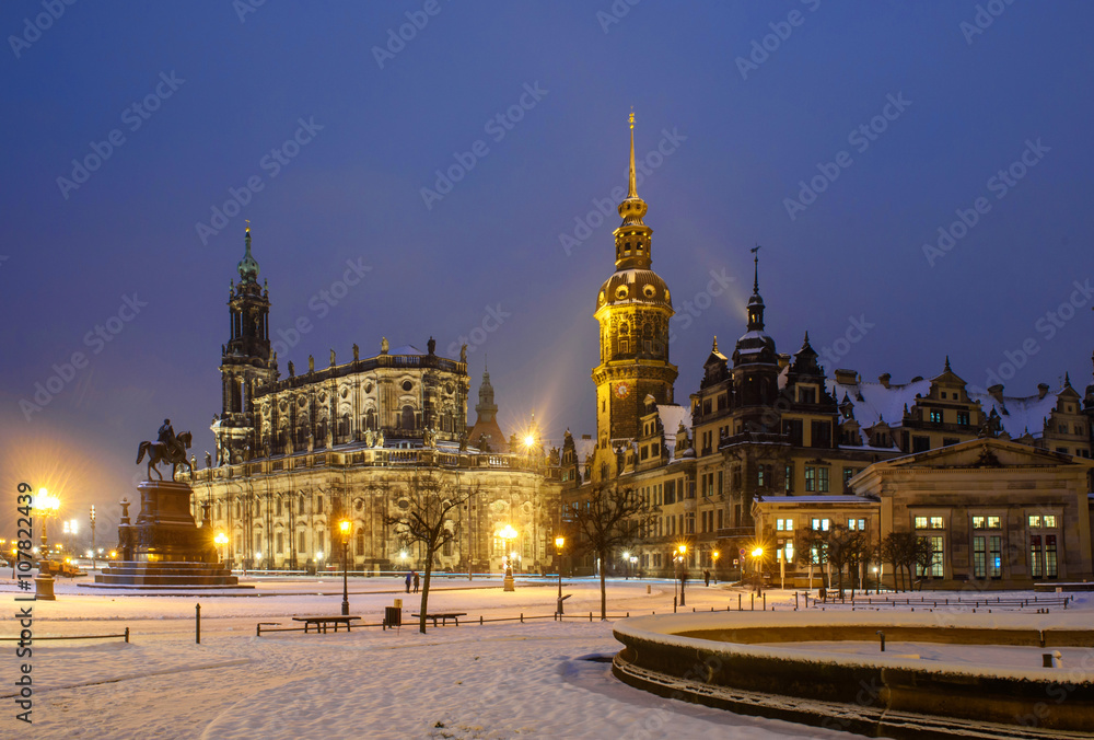 Old buildings of Dresden in the winter night.