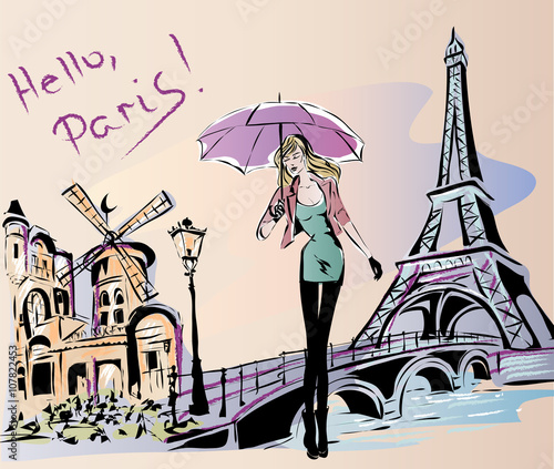 Fashion girl rainy day in Paris