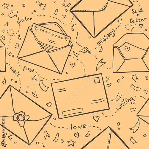 Hand drawn sketch illustration - letter and envelope. Love lette