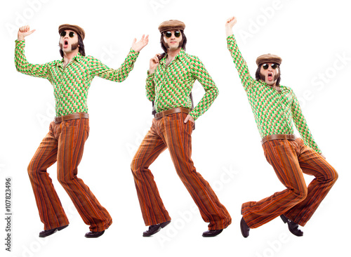 1970s vintage man with green dress dance composition set isolated on white