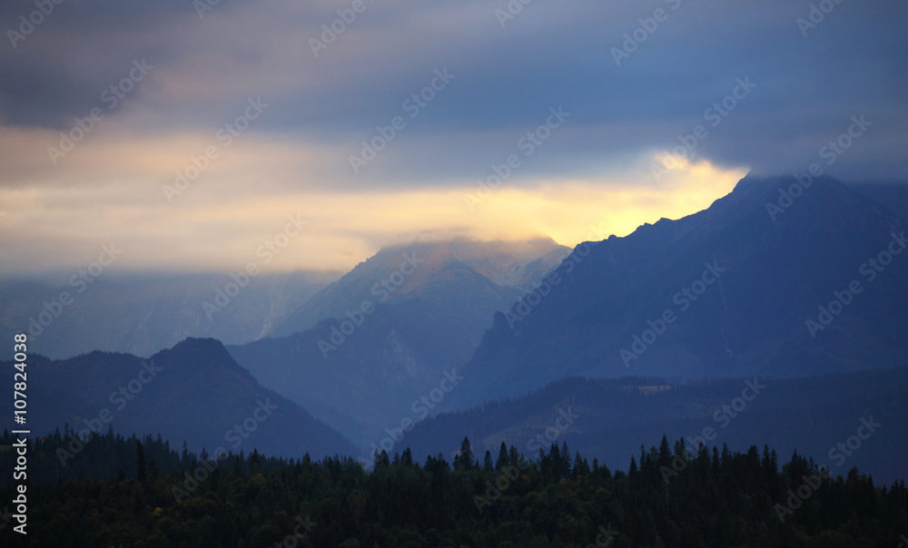Sunset over Tatras mountain silhouette, Slovakia Sunset over Tatras mountain silhouette, Slovakia