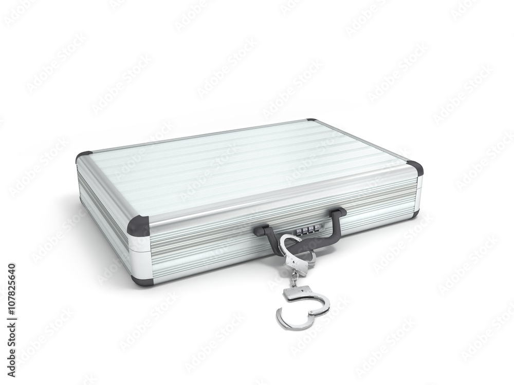 3d illustration metal case with handcuffs isolated on white back 3d illustration metal case with handcuffs isolated on white back