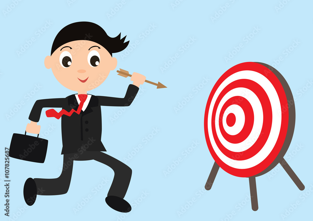 Business man holding dart target and idea bag run to goals Business man holding dart target and idea bag run to goals