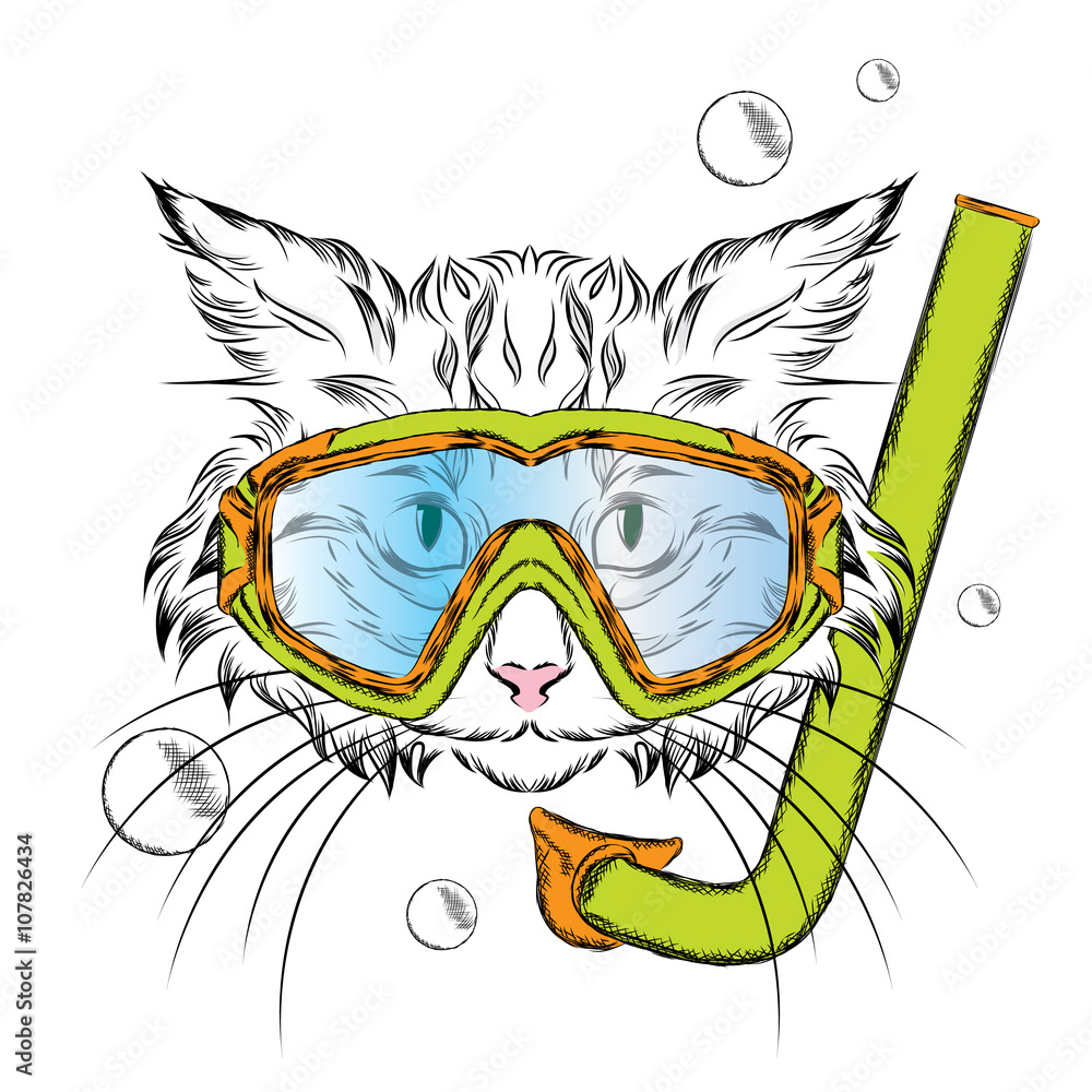 Cat wearing a mask for diving. Hipster. Leisure at sea. Vacation. Swimmer.