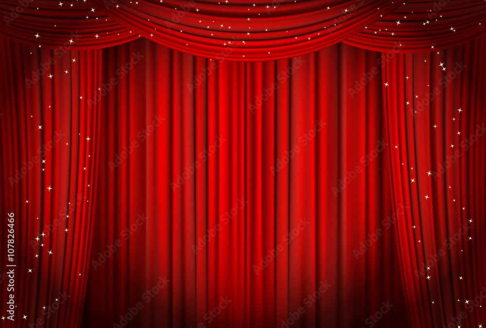 Open red curtains with glitter opera or theater background Stock ...