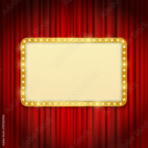 golden frame with light bulbs on red curtains background. vector