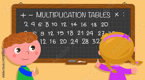 Two cartoon children writing multiplication tables on black board. Vector illustration.