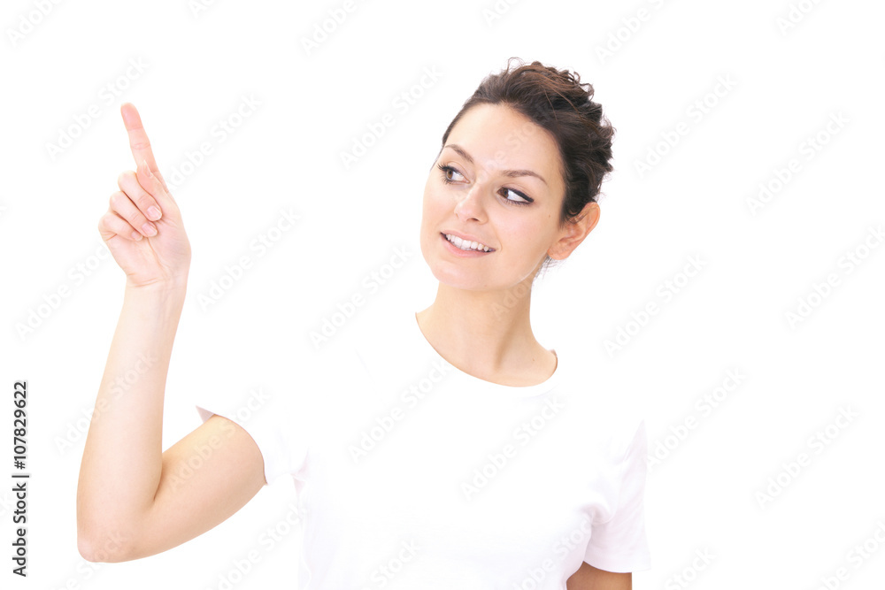 brunette smiling girl white dress show product isolated on white brunette smiling girl white dress show product isolated on white