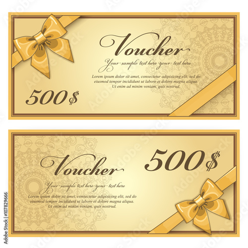 Gift discount voucher template, vector layout. Special offer coupon. Business voucher layout with gift bow gold. Vintage style.