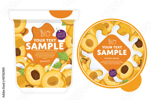 Apricot Yogurt Packaging Design Template. Yogurt Splash on Apricot. Milk Spash, Apricot yogurt. Sweet desert. Healthy breakfast. Dairy product. Organic food. 