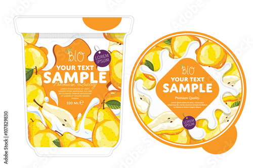 Pear Yogurt Packaging Design Template. Yogurt Splash on Pear. Milk Spash, Pear yogurt. Sweet desert. Healthy breakfast. Dairy product. Organic food. 