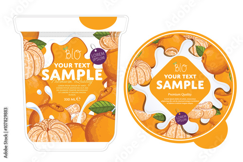 Mandarin Yogurt Packaging Design Template. Yogurt Splash on Mandarin. Milk Spash, Mandarin yogurt. Sweet desert. Healthy breakfast. Dairy product. Organic food. 