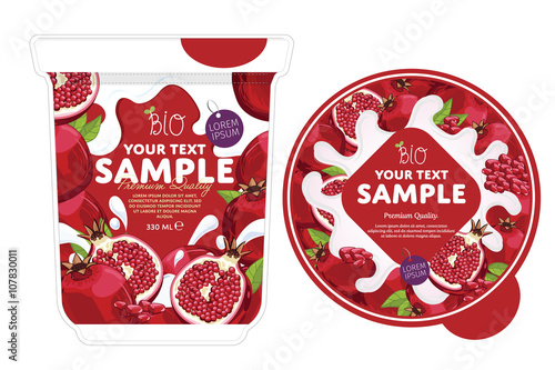 Pomegranate Yogurt Packaging Design Template. Yogurt Splash on Pomegranate. Milk Spash, Pomegranate yogurt. Sweet desert. Healthy breakfast. Dairy product. Organic food. 
