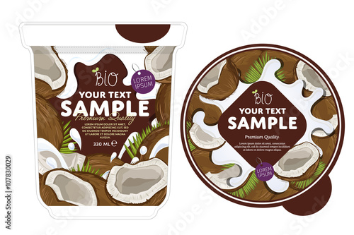 Coconut Yogurt Packaging Design Template. Yogurt Splash on Coconut. Milk Spash, Coconut yogurt. Sweet desert. Healthy breakfast. Dairy product. Organic food. 