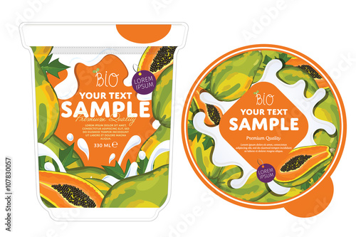 Papaya Yogurt Packaging Design Template. Yogurt Splash on Papaya. Milk Spash, Papaya yogurt. Sweet desert. Healthy breakfast. Dairy product. Organic food. 