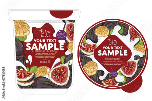 Fig Yogurt Packaging Design Template. Yogurt Splash on Fig. Milk Spash, Fig yogurt. Sweet desert. Healthy breakfast. Dairy product. Organic food. 