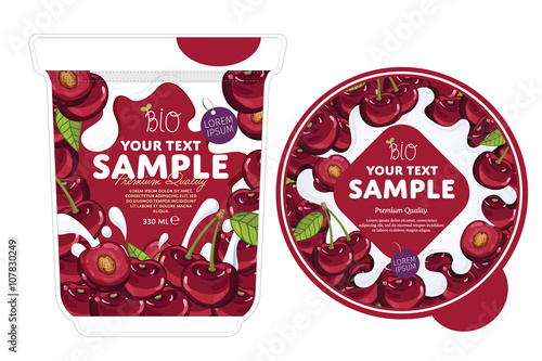 Cherry Yogurt Packaging Design Template. Yogurt Splash on Cherry. Milk Spash, Cherry yogurt. Sweet desert. Healthy breakfast. Dairy product. Organic food. 