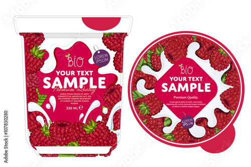Raspberry Yogurt Packaging Design Template. Yogurt Splash on Raspberry. Milk Spash, Raspberry yogurt. Sweet desert. Healthy breakfast. Dairy product. Organic food. 