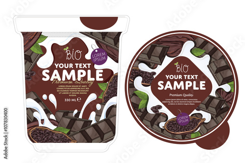 Chocolate Yogurt Packaging Design Template. Yogurt Splash on Chocolate. Milk Spash, Chocolate yogurt. Sweet desert. Healthy breakfast. Dairy product. Organic food. 
