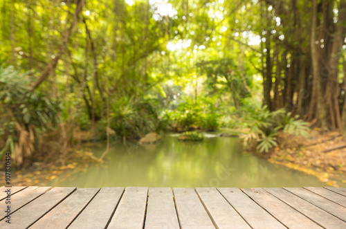 Fotografie wooden sidewalk with blur of forest and rill background