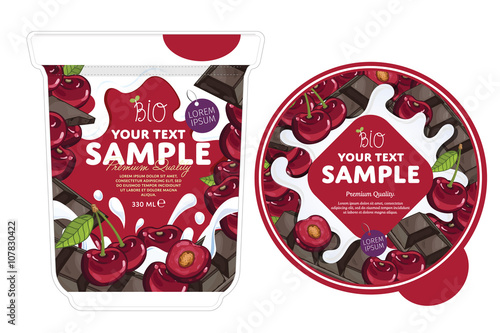 Cherry chocolate Yogurt Packaging Design Template. Yogurt Splash on Cherry chocolate. Milk Spash, Cherry chocolate yogurt. Sweet desert. Healthy breakfast. Dairy product. Organic food. 