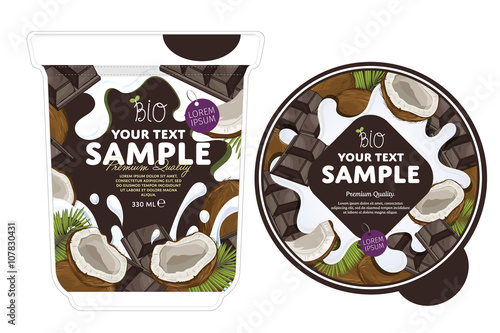 Coconut chocolate Yogurt Packaging Design Template. Yogurt Splash on Coconut chocolate. Milk Spash, Coconut chocolate yogurt. Sweet desert. Healthy breakfast. Dairy product. Organic food. 