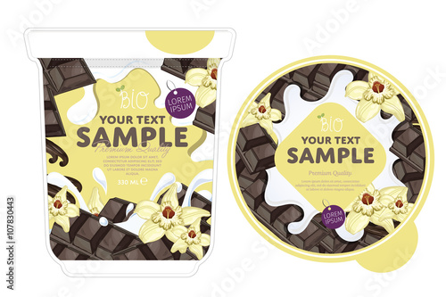 Vanilla chocolate Yogurt Packaging Design Template. Yogurt Splash on Vanilla chocolate. Milk Spash. Vanilla chocolate yogurt. Sweet desert. Healthy breakfast. Dairy product. Organic food. 