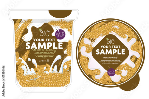 Cereal Yogurt Packaging Design Template. Yogurt Splash on Cereal. Milk Spash. Cereal yogurt. Sweet desert. Healthy breakfast. Dairy product. Organic food. 