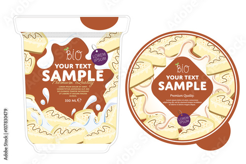 Cheesecake Yogurt Packaging Design Template. Yogurt Splash on Cheesecake. Milk Spash, Cheesecake yogurt. Sweet desert. Healthy breakfast. Dairy product. Organic food. 