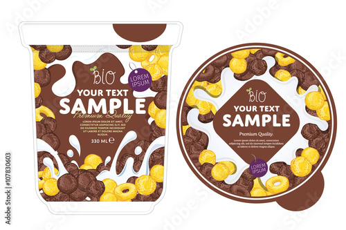 Cornflakes Yogurt Packaging Design Template. Yogurt Splash on Cornflakes. Milk Spash, Cornflakes yogurt. Sweet desert. Healthy breakfast. Dairy product. Organic food. 