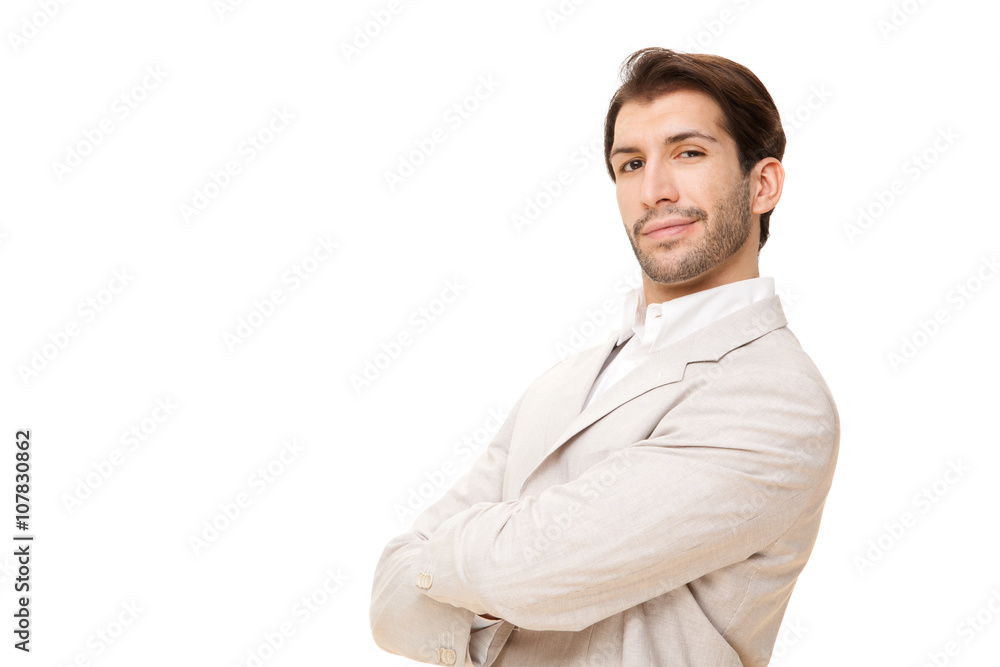 european caucasian brunette happy business man portrait isolated on white