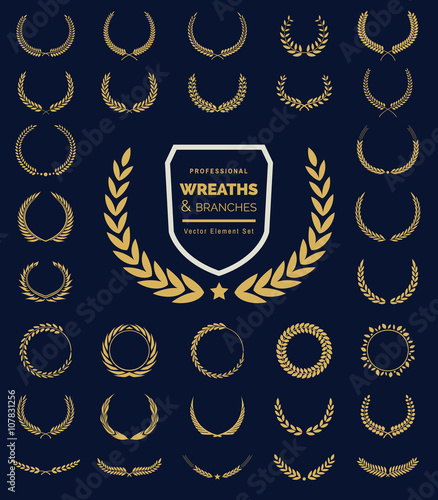 Crest logo element set,Coat of arms,Set of award laurel wreaths and branches,vector illustration.