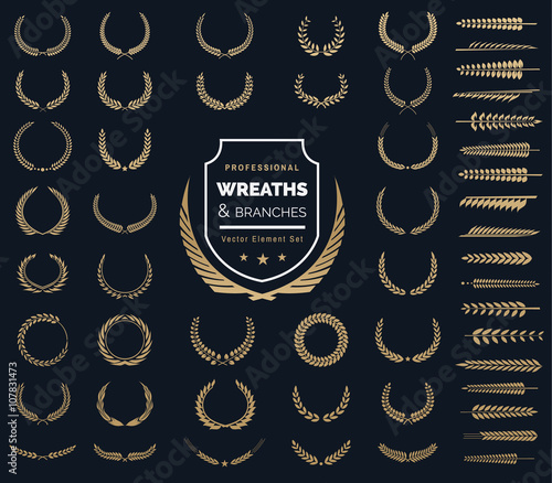 Crest logo element set,Coat of arms,Set of award laurel wreaths and branches,vector illustration.
