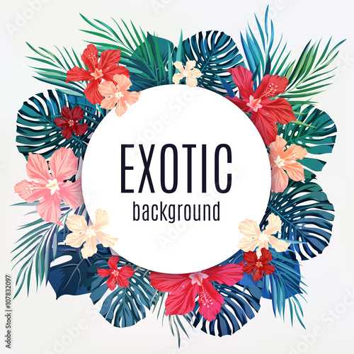 Summer tropical hawaiian background with palm tree leavs and exotic flowers
