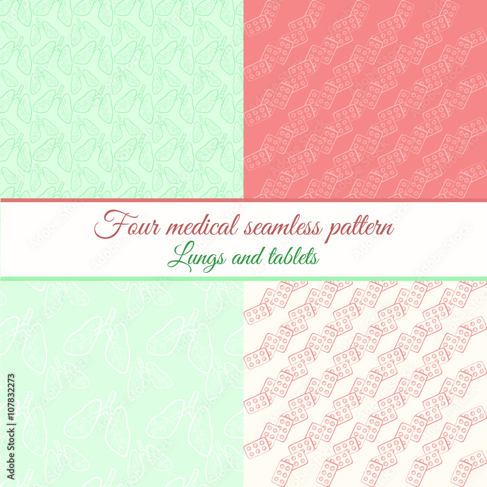 Four medical seamless pattern. Lungs and tablets/Background medical theme with painted objects in the style of the line sketch, doodle Four medical seamless pattern. Lungs and tablets/Background medical theme with painted objects in the style of the line sketch, doodle