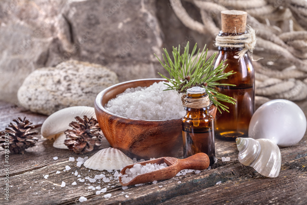 Organic and aromatic essential oils and bath salt with a sea shells Organic and aromatic essential oils and bath salt with a sea shells