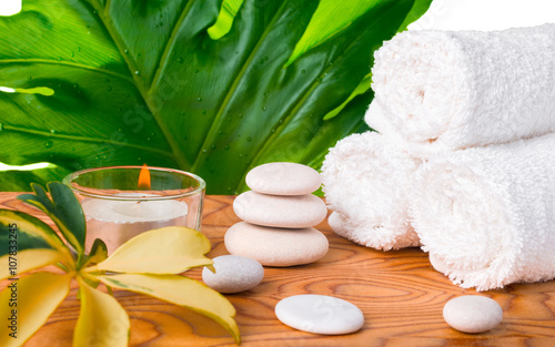 beautiful spa still life with white stones, candle, towels, big green and shefler leaves on root wood background, close up photo