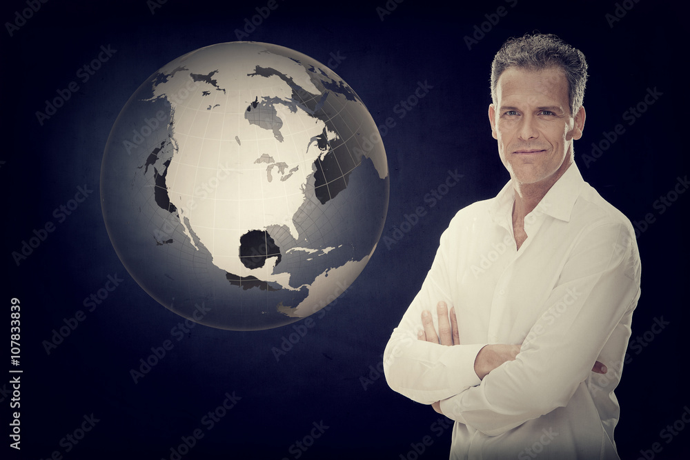 handsome elegant businessman with world isolated on black handsome elegant businessman with world isolated on black