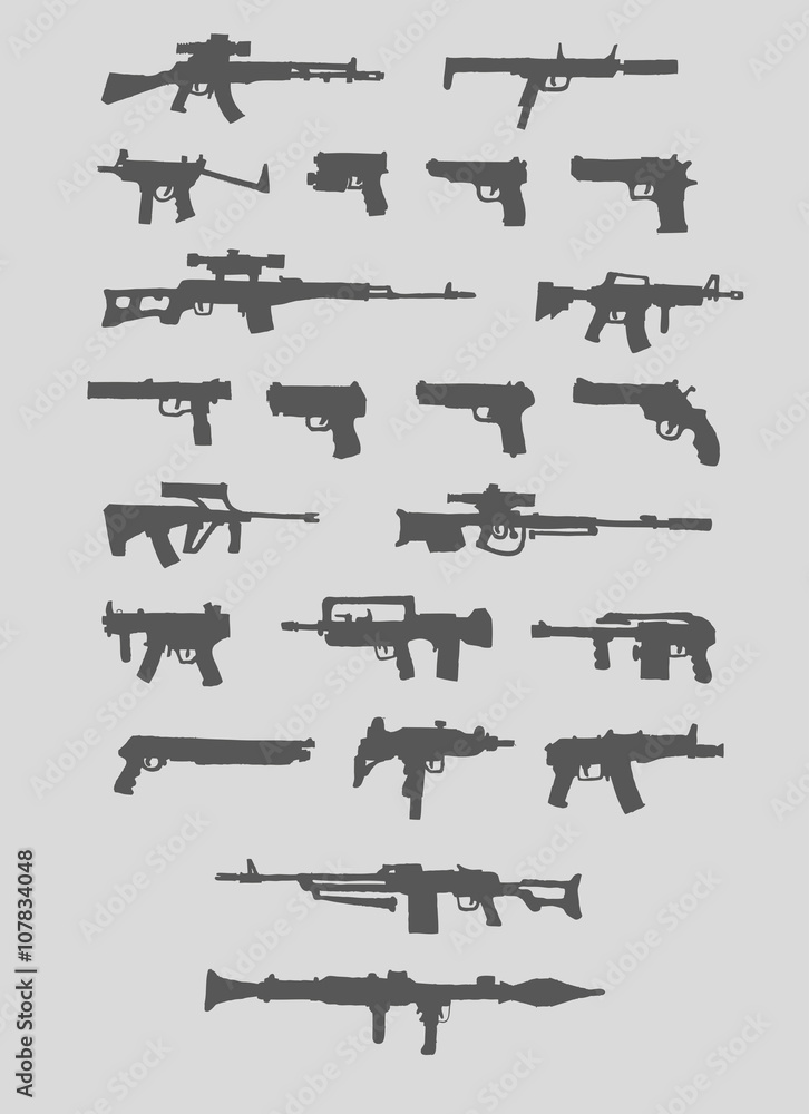Set of weapons. Silhouette. Isolated.