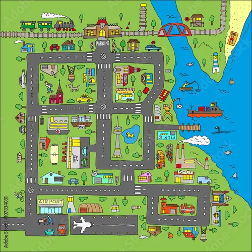 Obraz Doodle mapa miasta. Odosobniony.