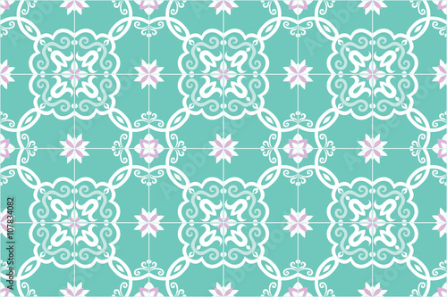Traditional ornate portuguese and brazilian tiles azulejos in turquoise and pink. Spanish talavera tiles. Vintage pattern. Abstract background. Vector illustration, eps10. 
