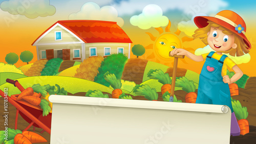 Cartoon farm scene with girl is working and resting on the farm field - illustration for children