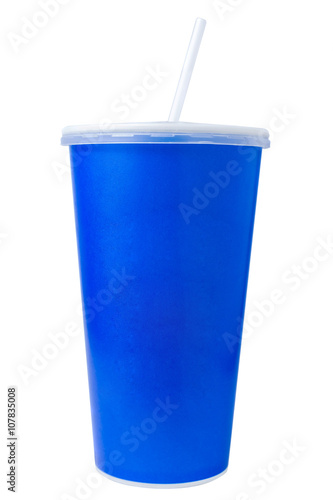 Blue disposable paper cup isolated on white